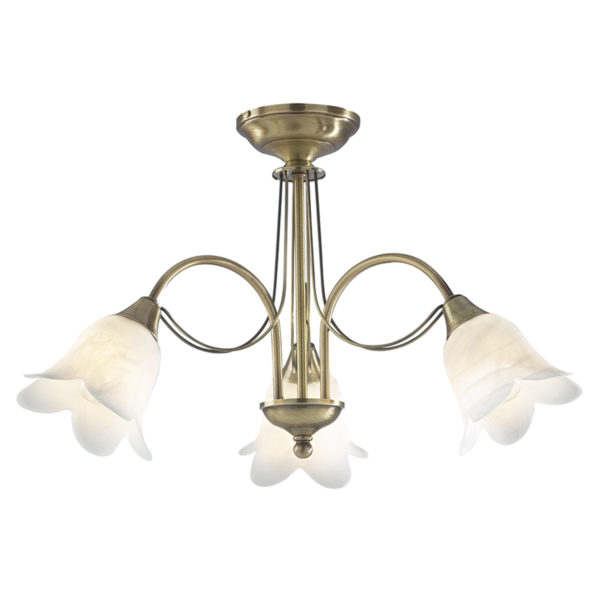 DOU0375 Doublet 3 Light Semi Flush Antique Brass complete with Alabaster Glass