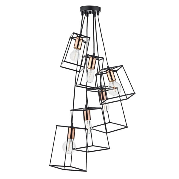 Tower 6 Light Cluster Pendant Matt Black & Copper